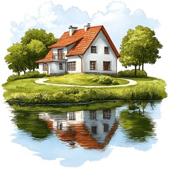 Obraz premium Idyllic Lakeside House with Red Tile Roof Reflected in Calm Water.