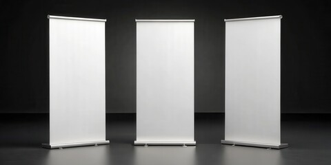 Three blank retractable banner stands on a black floor, ready to be customized with your brand message