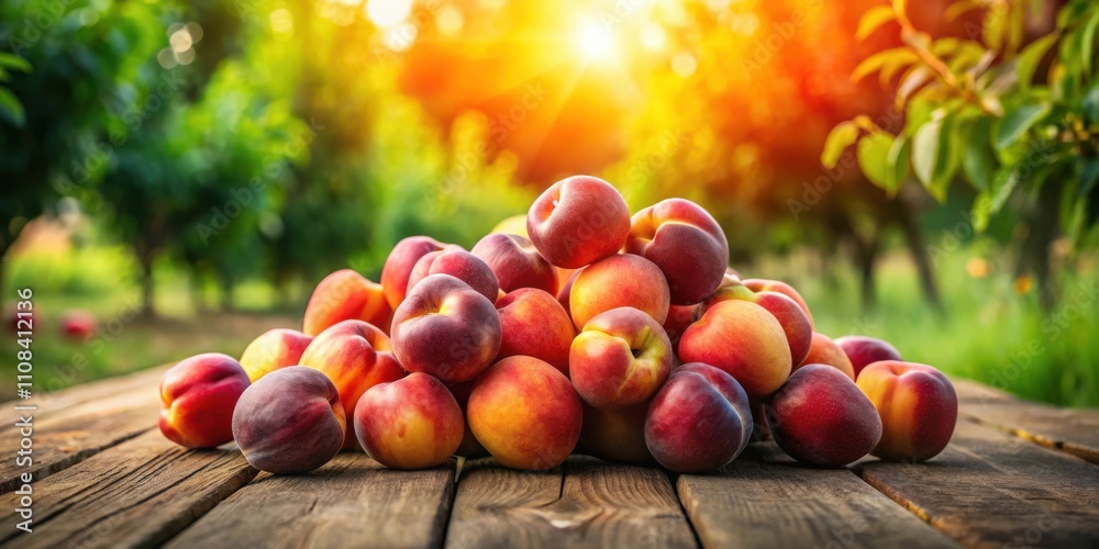Poster a pile of ripe peaches on a rustic wooden table with a blurred orchard background