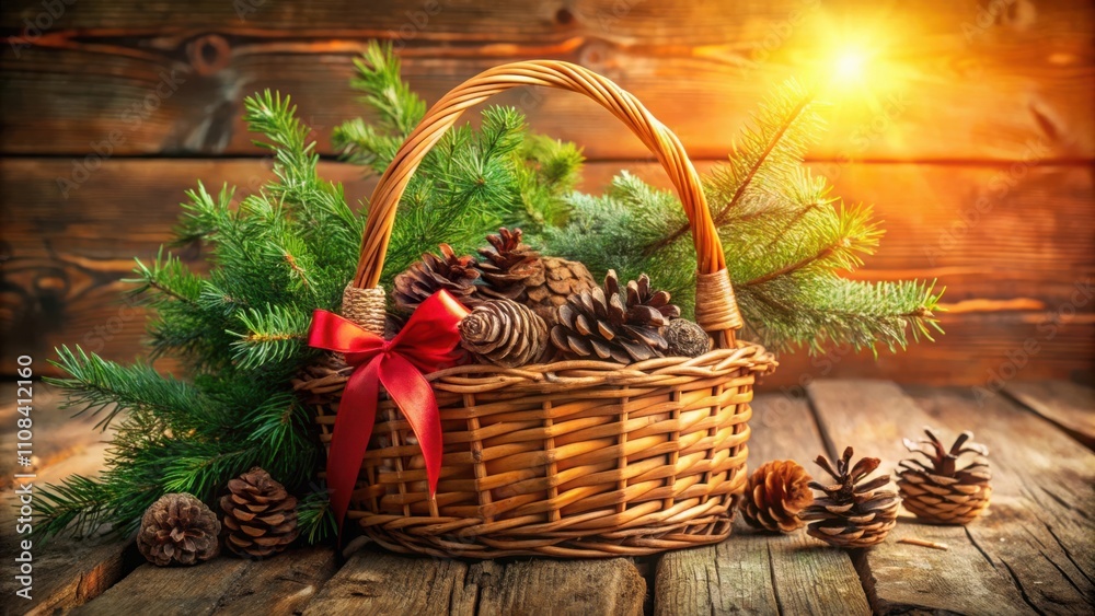 Poster a rustic basket filled with evergreen branches and pine cones, illuminated by warm sunlight on a woo
