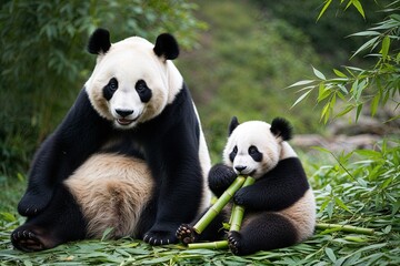 Obraz premium Cuddly Panda Mother and Cute Baby Eating Bamboo in Natural Habitat