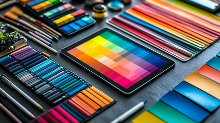 Vibrant flat lay composition showcasing an assortment of graphic design tools and accessories including color swatches sketchpads a tablet with a stylus all arranged neatly on a contemporary