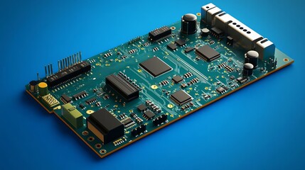 Electronic. Machine for the production of miniature printed circuit boards on a blue background. Device with the ability to control the process of production of electronic components by the operator.