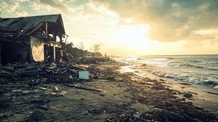 Devastating Aftermath of a Tsunami on Coastal Structures Surrounded by Debris and Natural Scenery at Dusk with a Beautiful Sunset Glimmering Over the Ocean Waves
