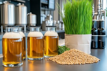 A cozy home brewing setup with glass fermenters, beer bottles, and brewing ingredients neatly arranged