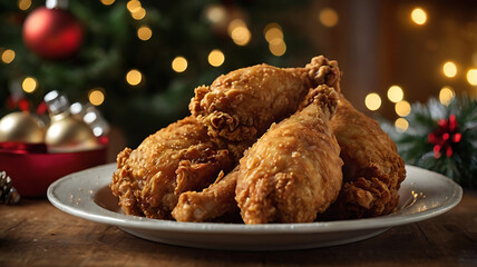 Crispy fried chicken drumsticks on a plate, Christmas lights bokeh background.