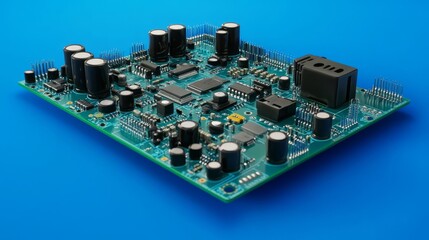 Electronic. Machine for the production of miniature printed circuit boards on a blue background. Device with the ability to control the process of production of electronic components by the operator.