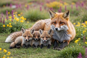 Fototapeta premium Exploring a Playful Fox Family Relaxing in a Colorful Meadow