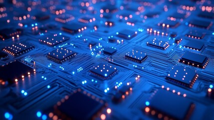 Fototapeta premium Futuristic microchip processor with lights on blue background. Quantum computer large data processing database concept. cpu isometric banner. Central computer processor CPU concept.