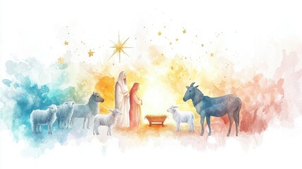 Naklejka premium A serene nativity scene with a starry backdrop, depicting the birth of Jesus with animals, Mary, and Joseph in gentle watercolor hues.