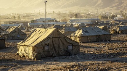 Aerial View of a Military Base Featuring Temporary Housing Tents in a Desert Environment with Soft Lighting and Mountain Background