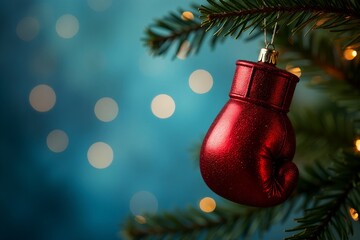 A boxing glove ornament hanging from a christmas tree