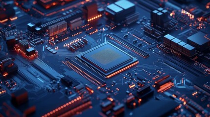 Obraz premium Futuristic microchip processor with lights on blue background. Quantum computer large data processing database concept. cpu isometric banner. Central computer processor CPU concept.