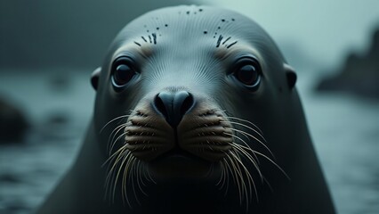 Fototapeta premium A close-up of a sea lion's face, emphasizing its expressive eyes, whiskers, and sleek fur with droplets of water.