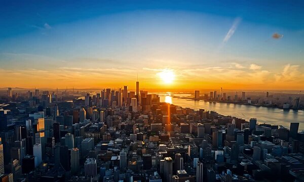 Aerial View of Urban Skyline at Twilight