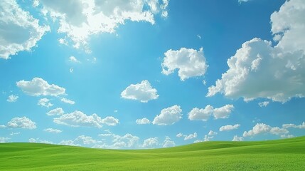 Fototapeta premium Vivid Blue Sky with Scattered White Clouds Over a Lush Green Landscape, Offering a Serene and Tranquil Atmosphere for Nature Lovers and Photography Enthusiasts