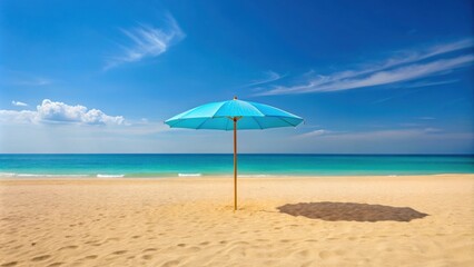 Fototapeta premium Sky blue parasol shading a sandy beach on a sunny day, parasol, sky blue, beach, sand, sunny, vacation, relaxation, coastal