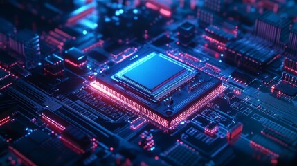Futuristic microchip processor with lights on blue background. Quantum computer large data processing database concept. cpu isometric banner. Central computer processor CPU concept.