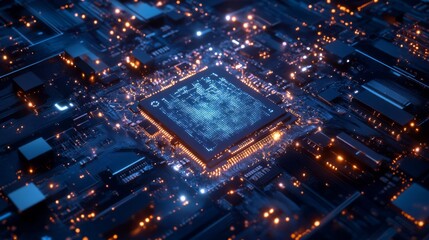 Futuristic microchip processor with lights on blue background. Quantum computer large data processing database concept. cpu isometric banner. Central computer processor CPU concept.