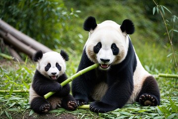 Fototapeta premium Panda Mother and Cute Cub Enjoying Bamboo in Natural Habitat