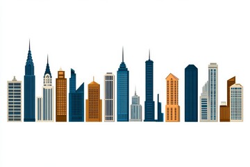 Obraz premium A flat 2D illustration of a futuristic skyline with exaggerated proportions and bold colors, set on a white background