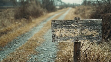 Naklejka premium Weathered Wooden Sign with Faded Lettering on a Rectangular Post Along a Rural Path Surrounded by Dry Grass and Trees