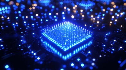 Futuristic microchip processor with lights on blue background. Quantum computer large data processing database concept. cpu isometric banner. Central computer processor CPU concept.