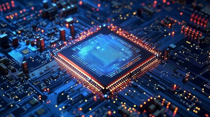 Obraz premium Futuristic microchip processor with lights on blue background. Quantum computer large data processing database concept. cpu isometric banner. Central computer processor CPU concept.