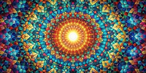 A Vibrant Mosaic of Interlocking Shapes Emanating from a Central Glowing Sun, Capturing the Essence of Light and Color