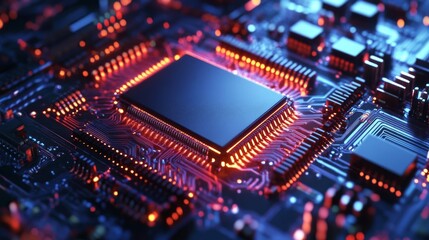 Fototapeta premium Futuristic microchip processor with lights on blue background. Quantum computer large data processing database concept. cpu isometric banner. Central computer processor CPU concept.