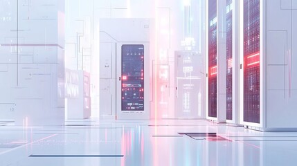 White and blue abstract network on server room data center 3D rendering, connection network data center room storage systems.

