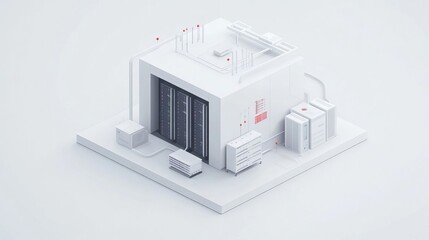 White and blue abstract network on server room data center 3D rendering, connection network data center room storage systems.
