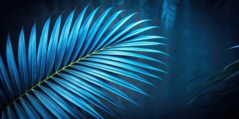 Obraz premium Blue palm leaf against a dark nature background , tropical, exotic, vibrant, botanical, foliage, lush, vibrant, colorful