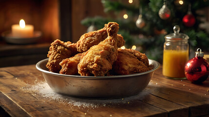Delicious crispy fried chicken in a metal bowl on a rustic wooden table with Christmas tree background.