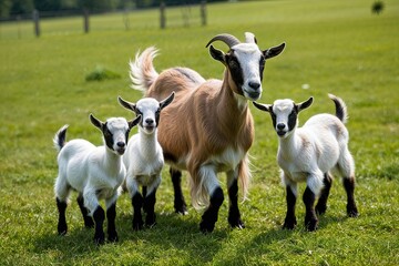 Obraz premium Nurturing Goat Mother and Playful Kids Enjoying Life in Lush Green Pasture