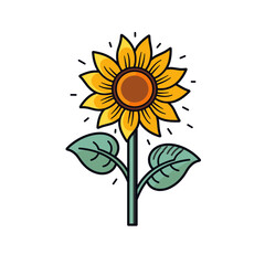 Bright sunflower with green leaves and sun rays