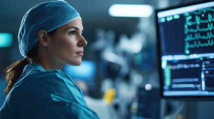 A focused female medical professional monitors health data on a screen in a clinical environment, wearing surgical attire and a cap.