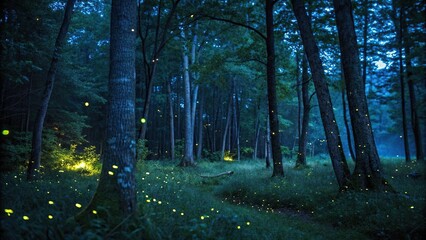 Fototapeta premium Nighttime forest with glowing trees and fireflies, dark woods, green glow, mysterious