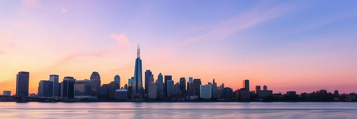 Fototapeta premium Panoramic view of Detroit Michigan skyline at sunset with reflections in the river, detroit, architecture