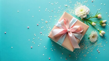 Obraz premium A delicate gift wrapped in a soft beige box with a blush pink ribbon and a touch of blue, accented by white flowers and colorful confetti on a vibrant blue background.