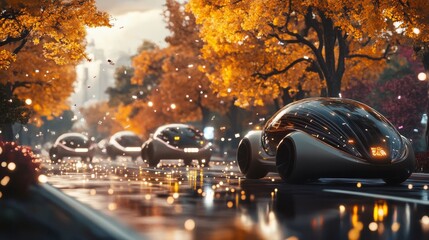 Cars driving on the street and painted symbols to represent technology connections between vehicles in the background, a futuristic concept for a smart city or self-driving vehicle system. 