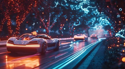 Cars driving on the street and painted symbols to represent technology connections between vehicles in the background, a futuristic concept for a smart city or self-driving vehicle system. 