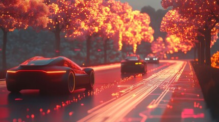 Cars driving on the street and painted symbols to represent technology connections between vehicles in the background, a futuristic concept for a smart city or self-driving vehicle system. 