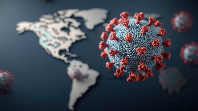 A digital illustration of a virus, depicted with spikes, overlaid on a map of the Americas, symbolizing global health issues.