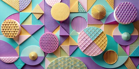Naklejka premium A vibrant and playful abstract composition of geometric shapes in various textures and colors, creating a dynamic and visually captivating visual.