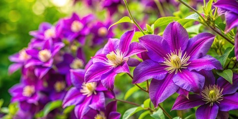Obraz premium Beautiful clusters of purple clematis flowers blooming in a vibrant garden during late spring, clematis, purple