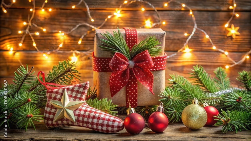 Aufkleber a beautifully wrapped gift with a red bow and a festive star ornament, surrounded by evergreen branc