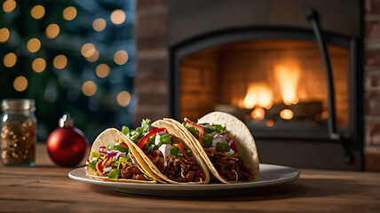 Delicious tacos on a plate near a fireplace with a Christmas tree in the background.