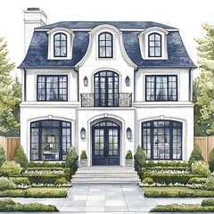 Watercolor illustration of a grand, two-story French-style house with manicured landscaping.