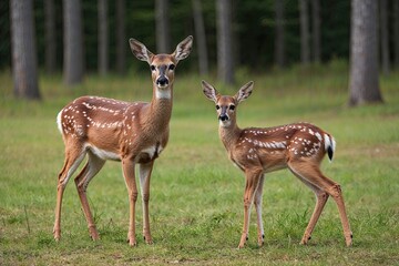 Fototapeta premium Alert Mother Doe and Fawn in Serene Forest Clearing